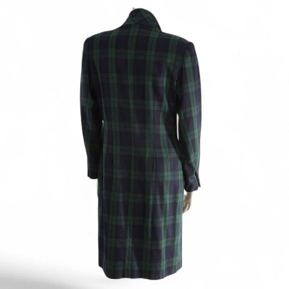 Classy Vintage Green Plaid Button Down Long Sleeve Blazer Dress W/ Velvet Collar - Picture 6 of 8